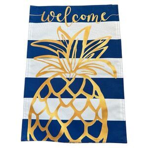 Evergreen Garden Yard Flag Gold Pineapple Welcome Navy White Stripe NWOT